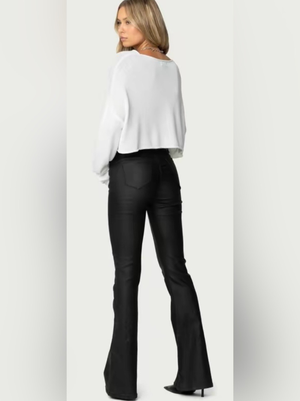 Edikted Black Faux Leather High-Rise Flare Jeans